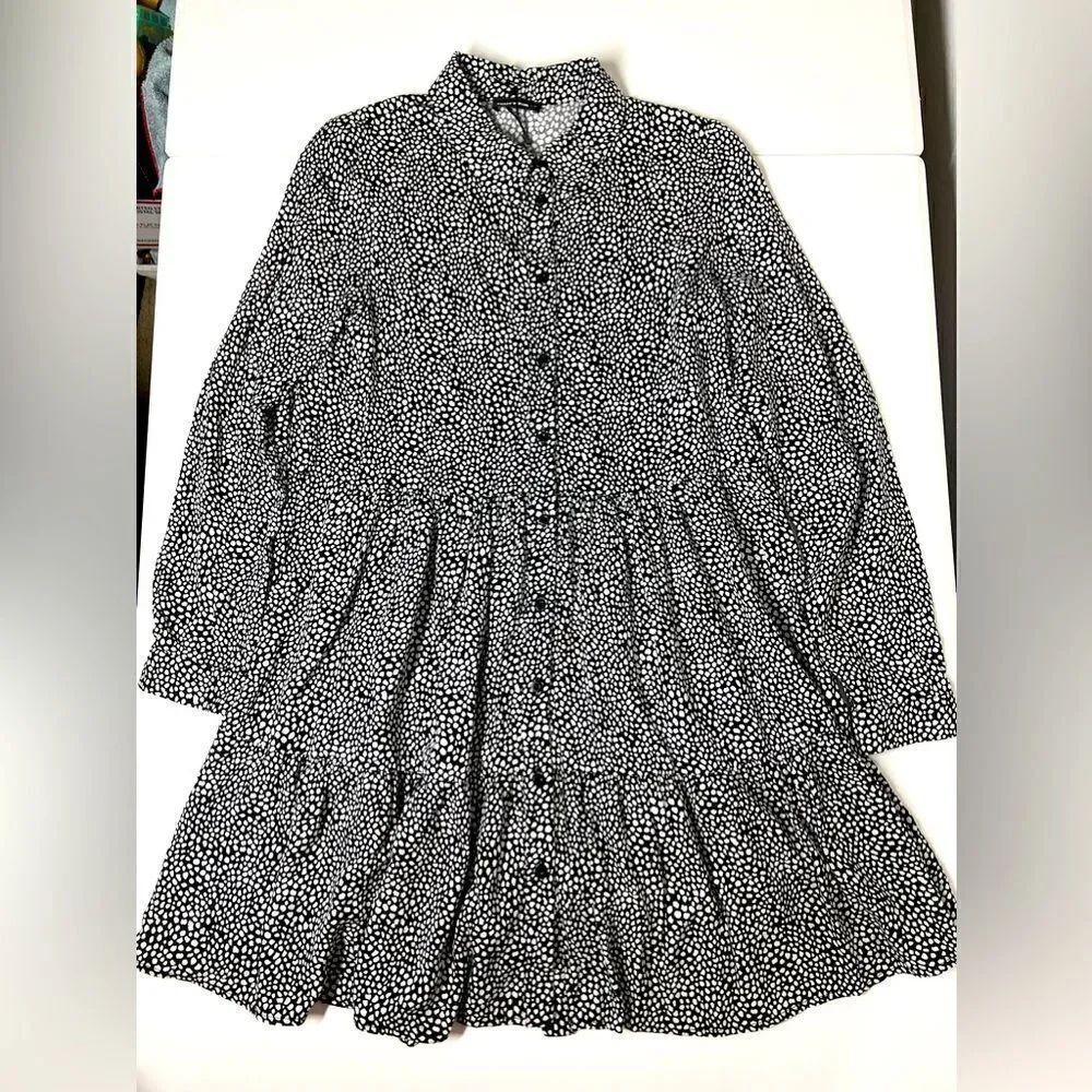 Tally Weijl Bohemian Black Ditsy Long Puff Sleeve Mini Smock Dress Size M